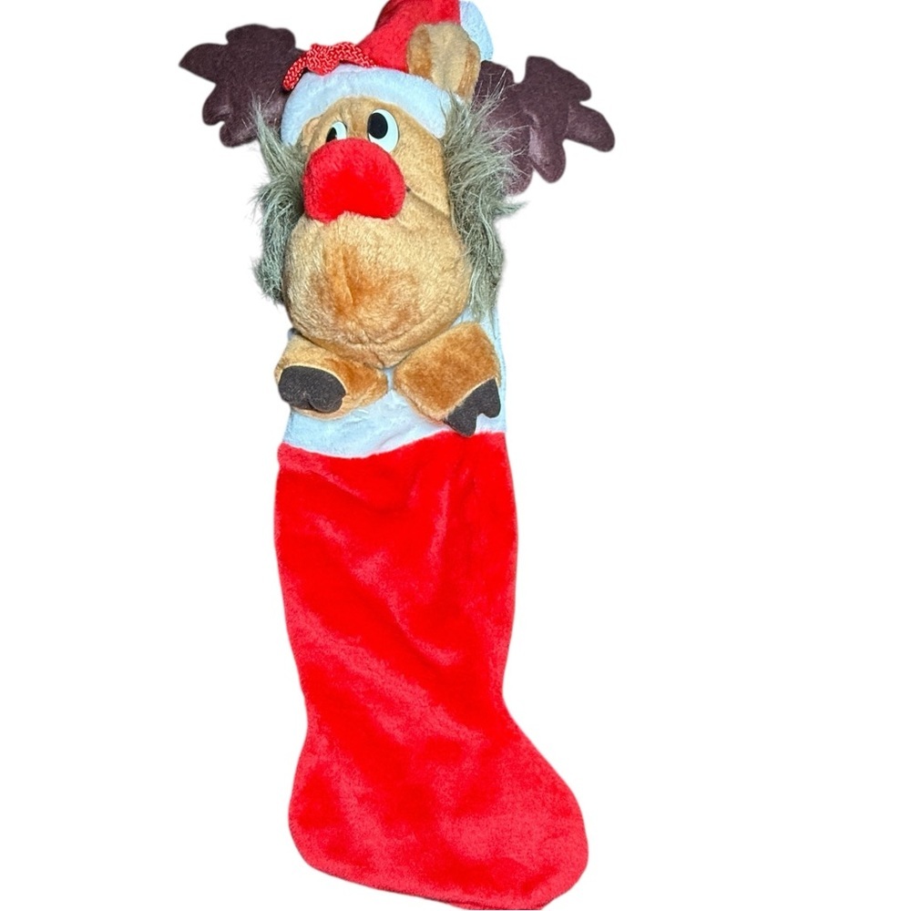 VTG Mithy Christmas 3D Moose Red Nose Reindeer Plush Stocking 1990's 28” New
